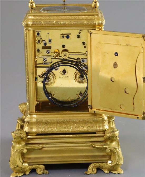 Grohe of London. A Victorian ormolu hour repeating calendar carriage clock, overall height 7.25in.